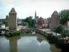 Strasbourg - Rivière (l'Ill) avec tours des Ponts Couverts, maisons, arbres et cathédrale Notre-Dame en arrière-plan