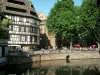 Strassburg - Petite France (ehemaliges Viertel der Gerber, Müller und Fischer): Fluss (Ill), Ufer geschmückt mit Blumen und einer Boutique, Kaffeeterrasse, Bäume und weisse Fachwerkhäuser mit schrägen Dächern
