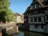 Strassburg - Petite France (ehemaliges Viertel der Gerber, Müller und Fischer): Baum und Fachwerkhäuser die sich im Gewässer des Flusses (Ill ) widerspiegeln