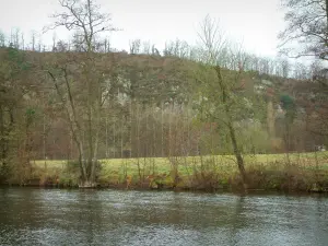 Suisse Normande - Orne valley: river, trees, meadow and cliffs (rock faces)