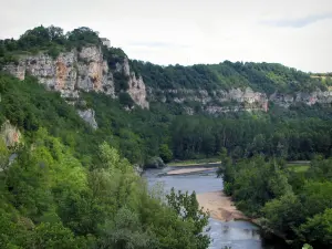 Tal der Dordogne - Bäume am Rande des Flusses (die Dordogne) und Felsen, im Quercy