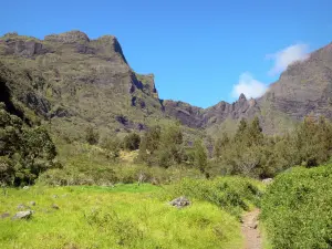 Talkessel Mafate - Nationalpark der Réunion: grünende Landschaft des natürlichen Talkessels Mafate mit Blick auf den Taïbit