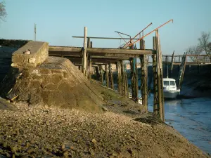 Talmont-sur-Gironde - Port with its pontoons and its moored boats at ebb tide