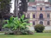 Tarbes - Massey garden (English landscape park): facade of the Massey museum, bandstand, banana trees, flower beds, lawns and trees