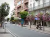 Tarbes - Shopping strada, edifici, negozi e fiori appesi