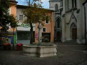 Thonon-les-Bains - Square featuring a fountain, houses, Saint-Hippolyte church and Saint-François-de-Sales basilica