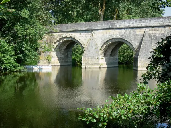 Thouet-Tal - Brücke Vernay (mittelalterliche Brücke) überspannend den Fluss Thouet, und Bäume am Flussufer; auf der Gemeinde Airvault