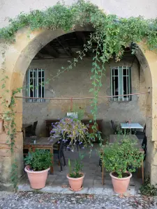 Tillac - Arcade with plants and café terrace under the arcades