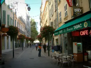 Toulon - Geschäftsstrasse mit hängenden Blumen, Terrasse eines Kaffees(Cafés), Geschäfte und Häuser