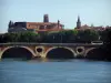 Toulouse - Pont-Neuf bridge spanning the Garonne river, trees of the Daurade quay, Notre-Dame-de-la-Daurade church, church bell tower of the Jacobins convent (Jacobins conventual buildings) and bell tower of the Saint-Sernin basilica (on the right)