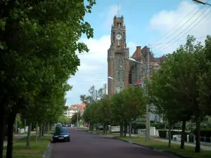 Touquet-Paris-Plage - Street lined with trees and belfry of the town hall