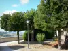 Tournon-d'Agenais - Giardino pubblico con alberi e un lampione con una vista del paesaggio circostante