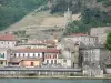 Tournon-sur-Rhône - Vignes en terrasses et tour de la Vierge dominant les façades de la ville et le fleuve Rhône