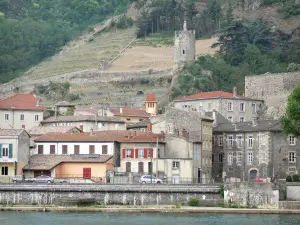 Tournon-sur-Rhône - Viñedos en terrazas y Torre Maiden con vistas a las murallas de la ciudad y el río Ródano