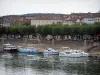 Tournus - Rivier de Saone, boten afgemeerd aan de steiger lijn van bomen en huizen in de stad