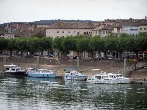 Tournus - Saone River, le barche ormeggiate alla linea di banchina di alberi e case in città