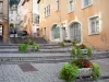 Trévoux - Escaliers agrémentés de fleurs et façades de maisons de la ville