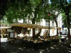 Troyes - Place du Marche-au-Pain, in de schaduw door bomen, met een terras van het restaurant