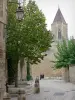 Uzès - Alleyway in the old town, lamppost, trees and Gothic chapel of the duchy palace in the background