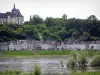 Valle del Loira - Chateau de Chaumont-sur-Loire, los árboles, las casas en el pueblo y el río (Loira)