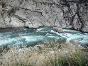 Valle del Queyras - Spikes in primo piano, fiume Guil, rocce e rock, nel Parco Regionale Naturale del Queyras