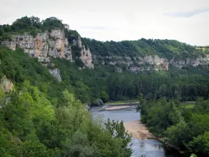 Vallée de la Dordogne - Arbres au bord de la rivière (la Dordogne) et falaises, en Quercy