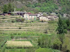 Vallée de l'Eyrieux - Maisons et terrasses de pierres sèches dans un cadre de verdure