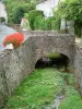 Vallée du Grand Morin - Vallée des peintres du Grand Morin : petit pont enjambant la rivière Grand Morin, maison, fleurs et arbres ; à Villiers-sur-Morin