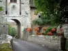 La vallée de l'Ognon - Marnay: Rue, porte et clôture d'une maison en fer forgé avec des géraniums (fleurs) suspendus