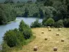 Vallei van de Sarthe - Weide met hooibergen en door bomen omzoomde rivier de Sarthe