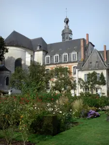 Valloires gardens - Church of the Valloires Cistercian abbey, trees and rose garden