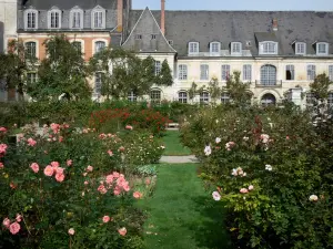 Valloires gardens - Rose garden, trees and Valloires Cistercian abbey