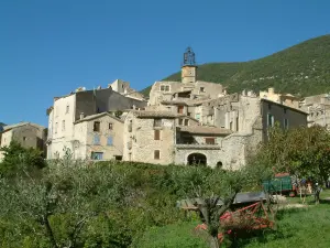 Venterol - Oliviers, arbustes, clocher de l'église et maisons du village, en Drôme provençale