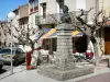 Vernet-les-Bains - Platz République mit Brunnen überragen von einer Büste von Marianne, Restaurant-Terrasse und Häuserfassaden