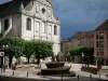 Vesoul - San Giorgio, gli edifici e la piazza con una fontana e alberi