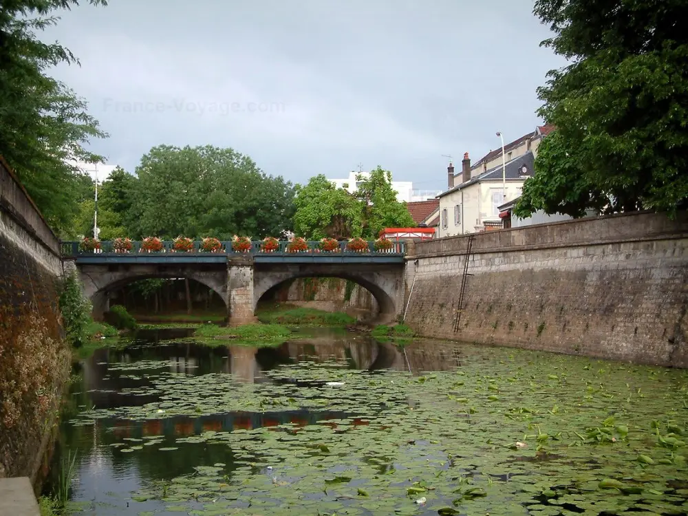 Vesoul - Rivière avec des nénuphars et un pont fleuri