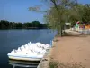 Vichy - Walk along River Allier, moored pedal boats and trees along the water