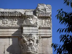 Vienne - Jardin de Cybèle (jardin archéologique) : détails sculptés du portique du forum (vestiges gallo-romains)