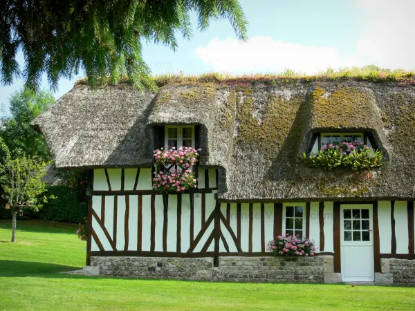 Vieux-Port - La mitad de madera casa (casa de techo de paja) y las ventanas adornadas con flores en los bucles de Parque Natural Regional del Sena-Normandía, en la ruta Chaumières