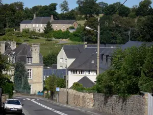 Villedieu-les-Poêles - Road, huizen in de stad (stad van de koper) en bomen