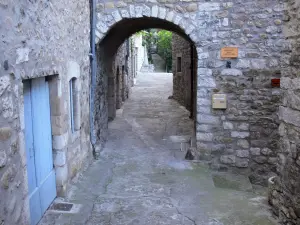 Vogüé - Überwölbter Durchgang und Natursteinfassaden des Dorfes