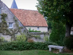 Yèvre-le-Châtel - Banc en pierre, arbre, arbustes et maisons du village