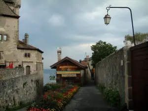 Yvoire - Lamppost, flowers, castle, house and the Lake Geneva in background