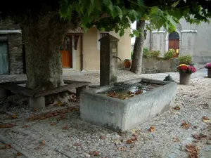 Yvoire - Paved place with a fountain, a tree and flowerpots