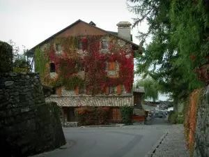 Yvoire - Sloping street of the medieval village leading to a house covered with ivy (in autumn)