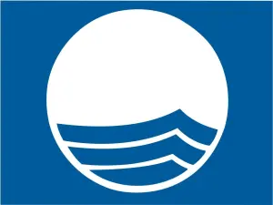Strand met blauwe vlag