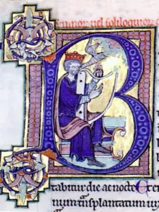 Initiale B, Le roi David jouant de la Harpe, Bible en 2 vol., ms 03 (© J.E)