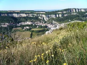 Vue du village de Roquefort avec le rocher du Combalou