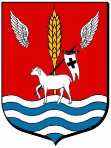 Villette-lès-Dole Blazon: Gules, ear of corn, two half - flights, shifting river, lamb