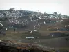 Валь д'Изер - Горнолыжная зона (горнолыжный курорт) с альпийскими газонами, разбросанными по снегу и подъемникам (Национальный парк Вануаз)